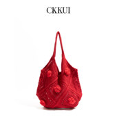 CKKUI 假日出游编织红色包包花朵小清新针织包慵懒风大容量单肩包