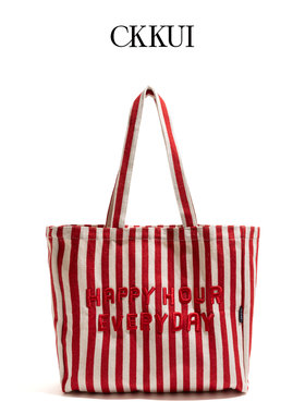 CKKUI 韩系撞色条纹帆布红色包包女款字母刺绣大容量手提包托特包
