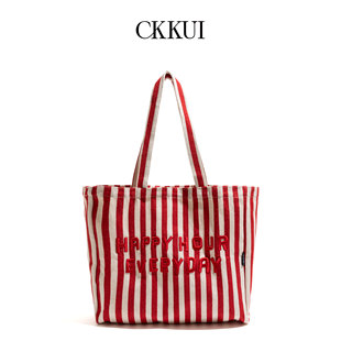 CKKUI 韩系撞色条纹帆布红色包包女款字母刺绣大容量手提包托特包
