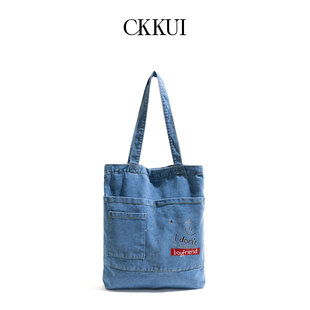 CKKUI 复古做旧感牛仔包包刺绣小众设计手提包大容量单肩包托特包