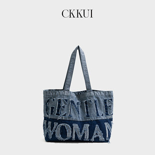 CKKUI 字母刺绣手提包通勤单肩包 韩系破旧风辣妹牛仔包包2026新款