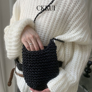 CKKUI 复古简约手工棉蜡绳编织包包2026新款水桶包通勤单肩斜挎包