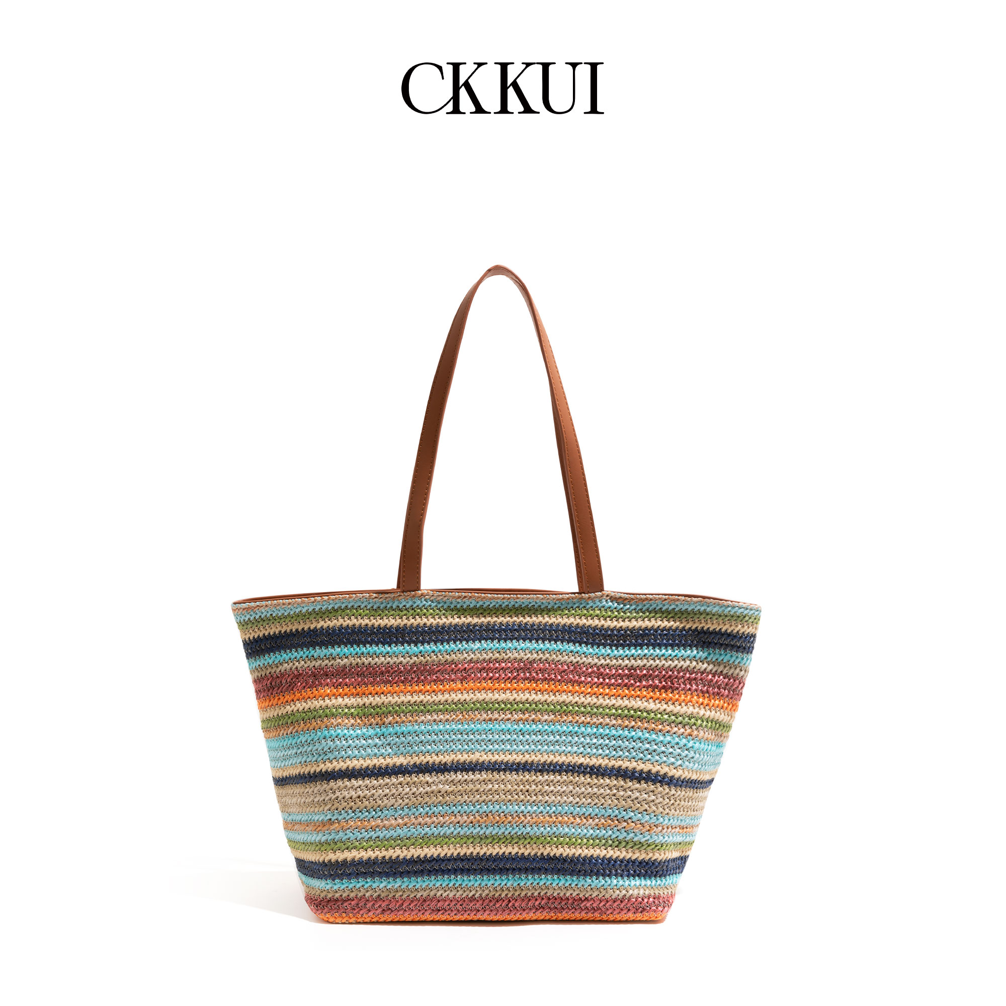 CKKUI夏日彩虹条纹撞色编织包包