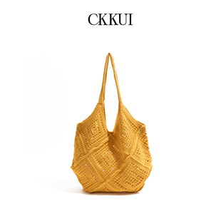 CKKUI 复古手工编织日光黄包包海边度假风针织包大容量手提单肩包