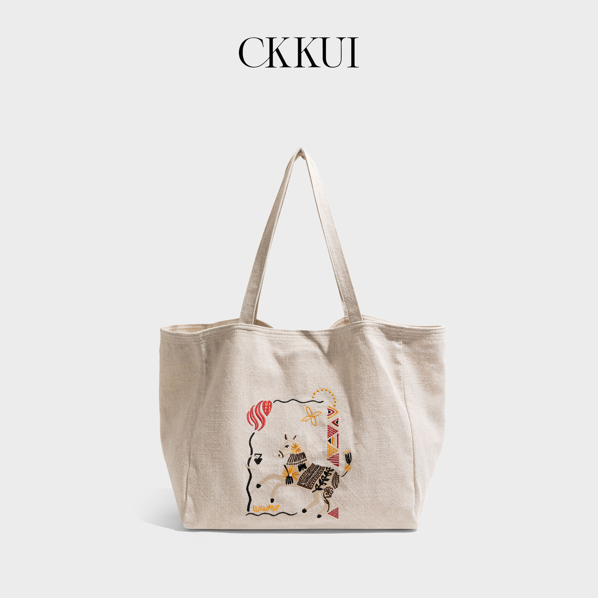 CKKUI 新中式国风帆布包包2026夏季刺绣棉麻手提包慵懒通勤单肩包