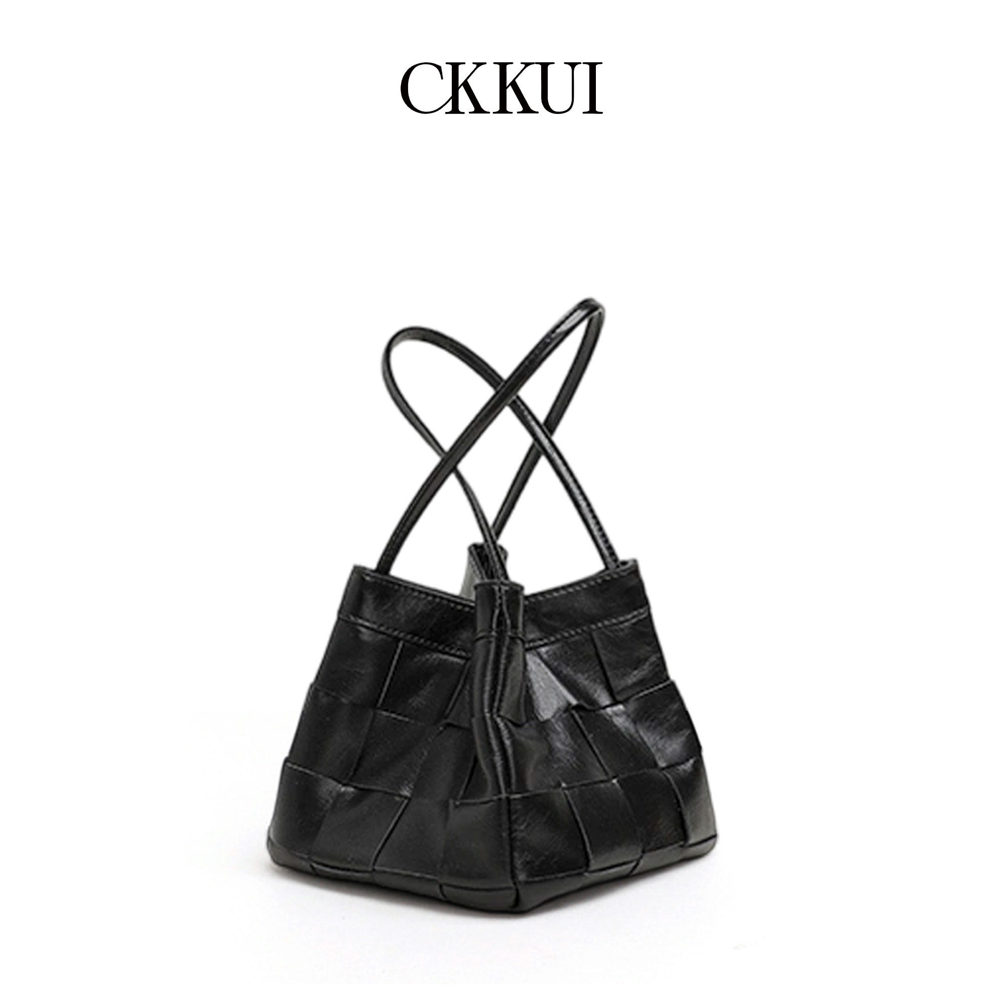 CKKUI 黑色极简真皮编织女包2025年水桶包高级感轻奢手提包单肩包