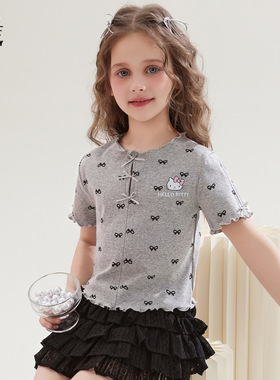 hello Kitty2026新款女童夏季短袖T恤蝴蝶结领口小香风儿童装上衣