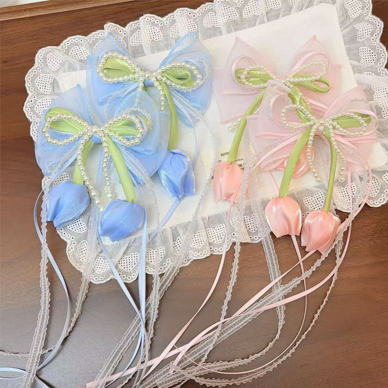 甜美郁金香花朵飘带发夹女童韩系发饰流苏珍珠编发超仙公主头饰女