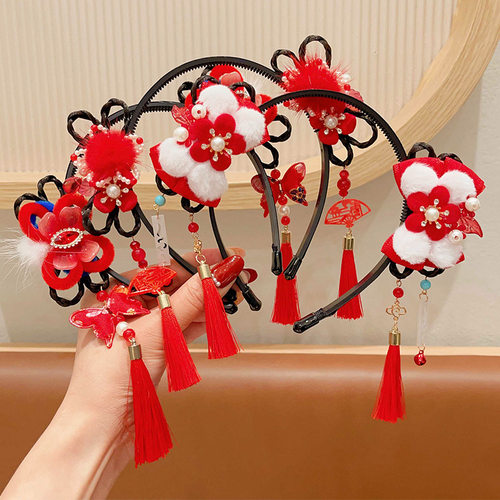 女童新款中国风假发辫子发箍拜年服头箍过年发饰儿童步摇古风头饰