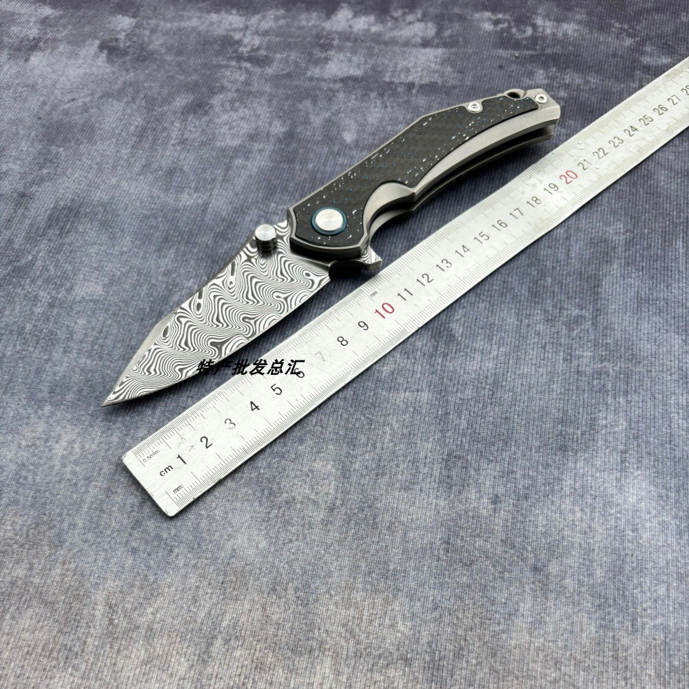 大马士革钢钛合金手柄口袋折叠刀户外野营求生便携防身实用小刀具
