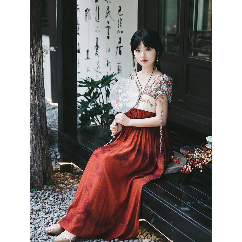 花间裳/南山木棉/原创唐风女抽绳汉元素改良汉服缎面连衣裙襦裙