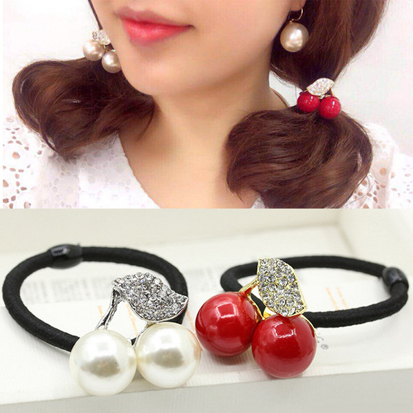 满18包邮 韩国可爱少女小清新珍珠水钻红樱桃发绳发圈皮筋头饰女