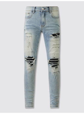 AMR jeans AMR pants torn jeans高街破洞紧身拼皮牛仔裤子