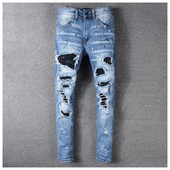 pants torn jeans AMR MX1高街破洞烫钻天蓝色牛仔裤 子