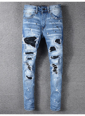 AMR pants torn jeans MX1高街破洞烫钻天蓝色牛仔裤子