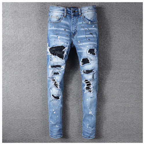 AMR pants torn jeans MX1高街破洞烫钻天蓝色牛仔裤子