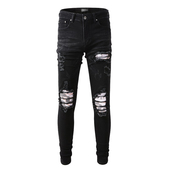 jeans pants torn AMR MX12高街破洞黑色牛仔裤 子