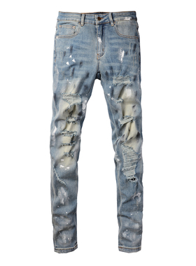 AMR jeans AMR pants torn jeans高街破洞紧身蓝色牛仔裤子
