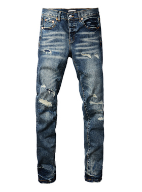 PUR jeans美式高街乞丐刮破修身长裤紧身高街破洞紧身男牛仔裤子