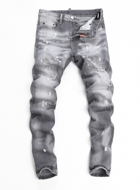 D Jeans Skinny Ripped Jeans 美式高街破洞补丁修身男裤牛仔裤子