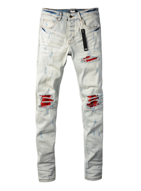 AMR jeans MX1 A米尔美式修身长裤洗水高街破洞紧身男牛仔裤子