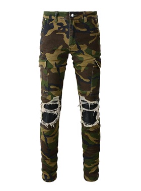 AMR jeans AMR pants torn jeans MX12高街破洞迷彩牛仔裤子