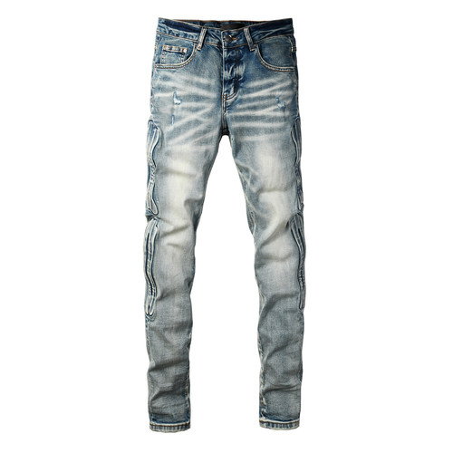 AMR jeans MX1 美式修身长裤太一街头高街破洞骨头紧身男牛仔裤子