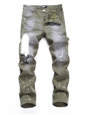 AMR jeans MX1 美式修身长裤街头高街绿色泼墨修身男牛仔裤子