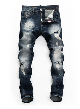 D Jeans Skinny Ripped Jeans 美式高街补丁破洞修身男裤牛仔裤子