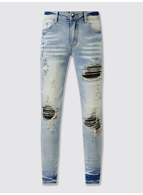 AMR jeans AMR pants torn jeans高街破洞紧身拼皮牛仔裤子