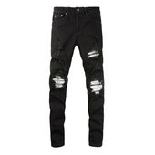 jeans pants torn AMR MX12高街破洞黑色牛仔裤 子