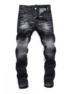 D Jeans Skinny Ripped Jeans 美式高街破洞补丁修身男裤牛仔裤子