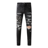 jeans pants torn AMR MX12高街破洞黑色牛仔裤 子