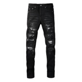 jeans pants torn AMR MX12高街破洞黑色牛仔裤 子