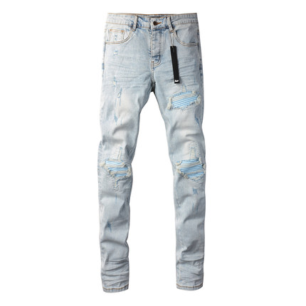 AMR jeans MX1 A米尔美式修身长裤蓝色高街破洞紧身男牛仔裤子