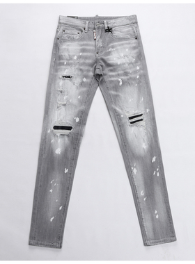 D Jeans Skinny Ripped Jeans 美式高街破洞泼墨修身男裤牛仔裤子