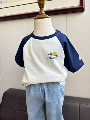 帅气男孩短袖T恤 夏季新款韩版童装男童撞色插件袖薄款洋气小猫