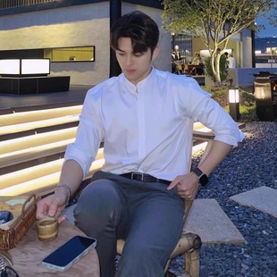 黑色立领中式长袖衬衫男士高级感英伦雅痞男装秋季新款休闲白衬衣