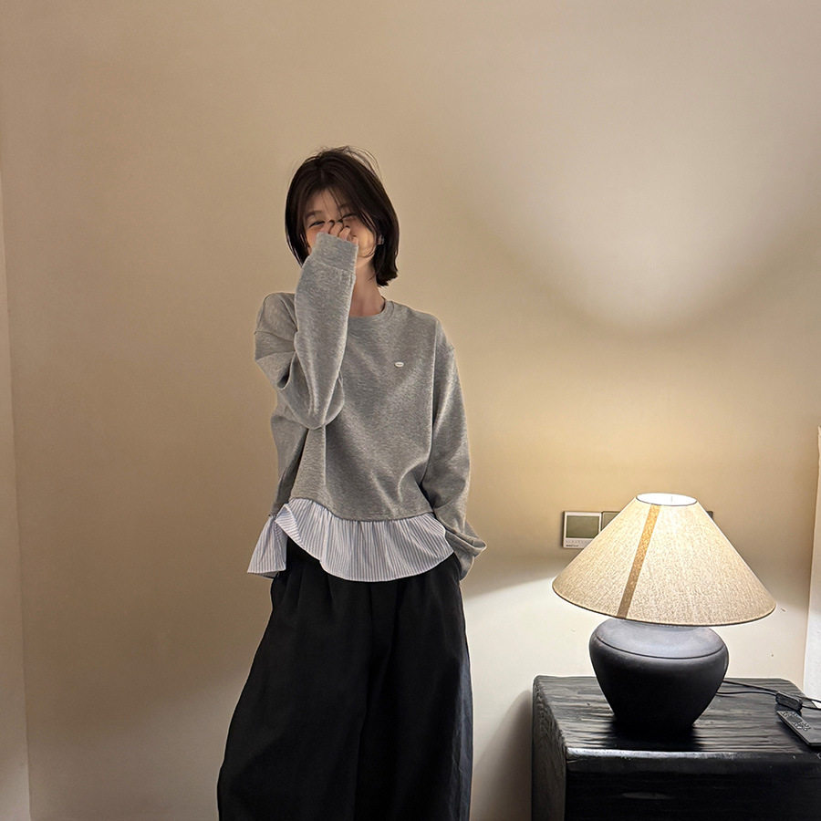秋新款韩系下摆荷叶边拼接假两件圆领卫衣女2026韩系减龄上衣