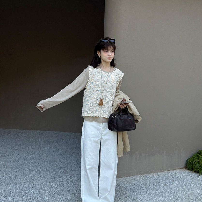 春新款韩系叠穿面膜t+钩花马甲两件套女2026复古洋气圆领上衣