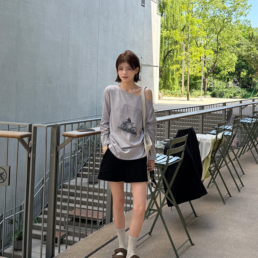 韩系卡通印花露肩长袖防晒T恤女夏2026新慵懒感抽绳罩衫上衣