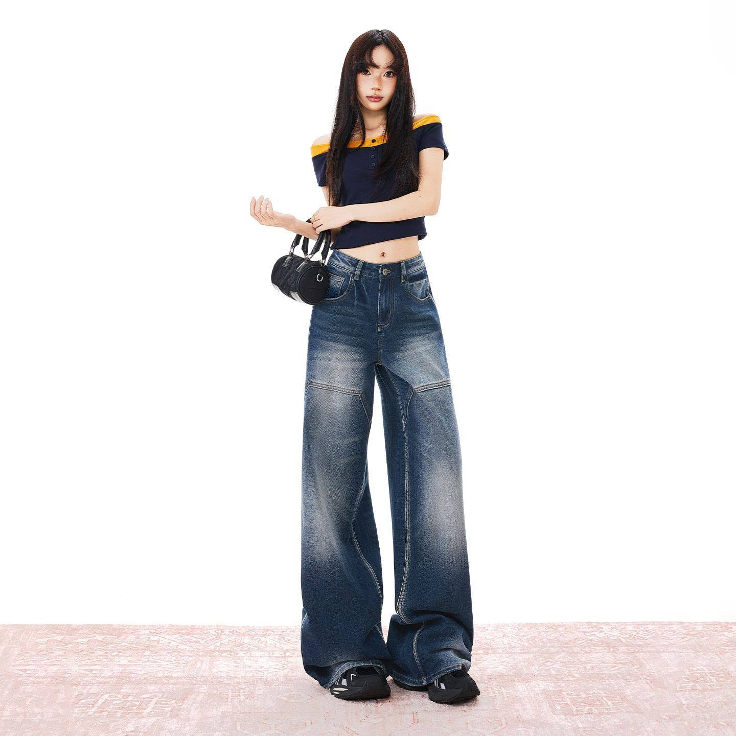 复古水洗美式阔腿牛仔裤女宽松显瘦垂感春季新款2026直筒拖地长裤