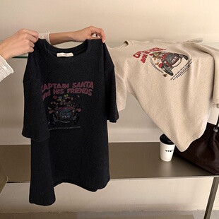 早春新款韩系卡通印花短袖磨毛T恤女2026慵懒感复古休闲上衣