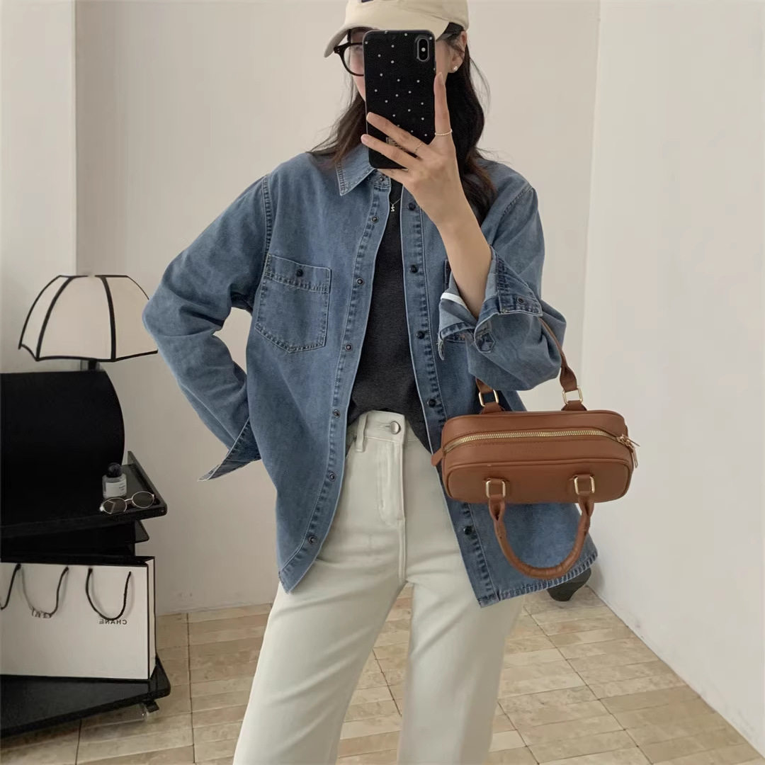 2026年春新款南油女装欧货翻领明线水洗牛仔上衣衬衫女设计感小众