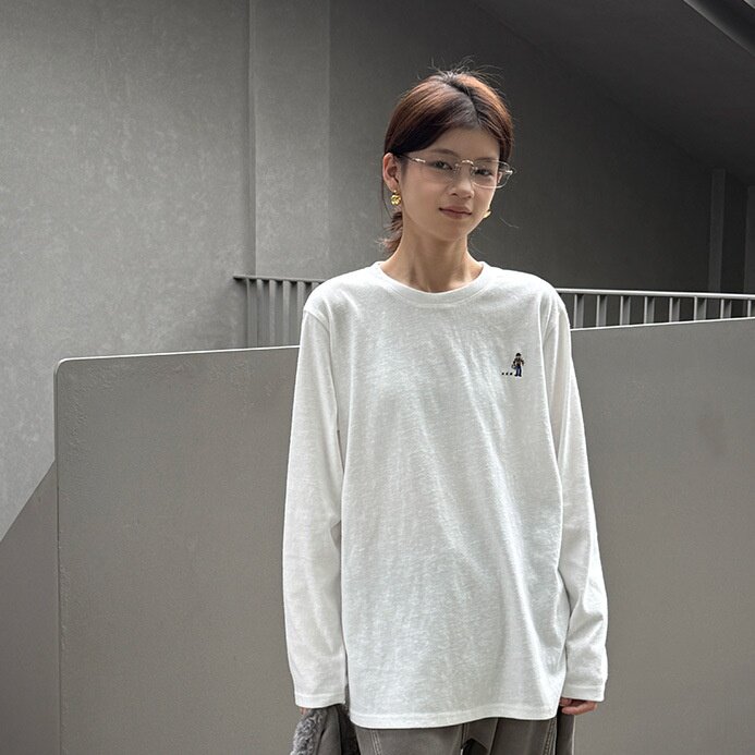 秋冬新款韩系卡通刺绣纯白长袖T恤女2025慵懒感百搭打底衫
