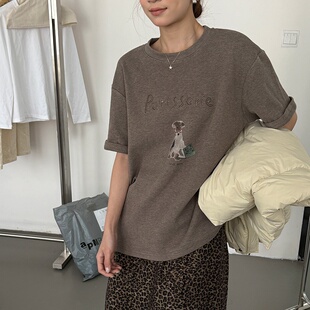 早春新款韩系卡通小狗印花绣短袖T恤女2026宽松百搭圆领上衣