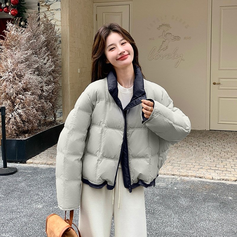短款立领拼色白鸭绒羽绒服女冬季新款设计感豆腐方块格羽绒外套