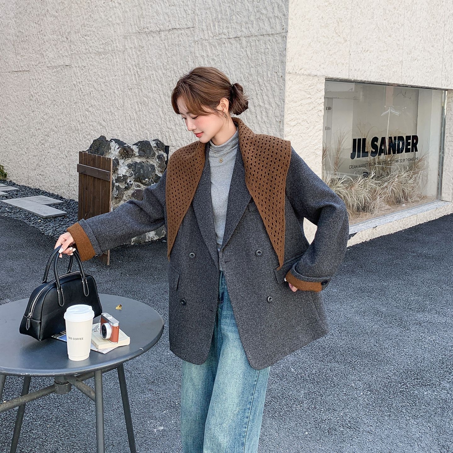 宽松西装领毛呢外套女洋气潮2025秋冬新款韩系夹棉加厚呢子大衣