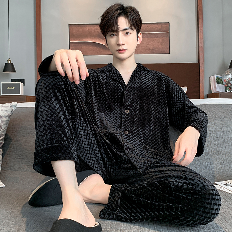 韩国绒睡衣男士春秋款黑色新款长袖加大码冬季家居服宽松休闲套装