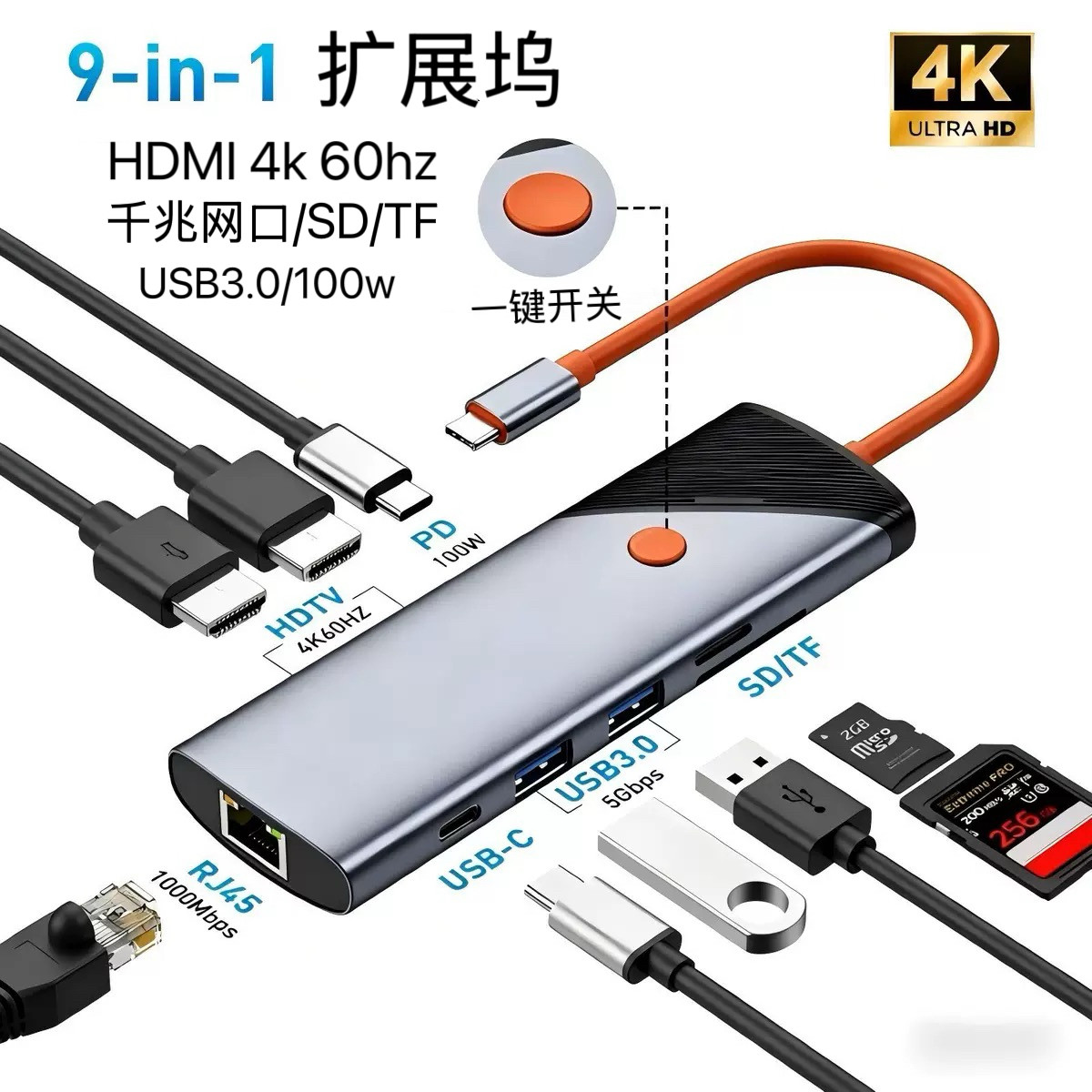 Type-C扩展坞笔记本电脑手机平板HDMI4kSD卡TF网口DP多功能转换器